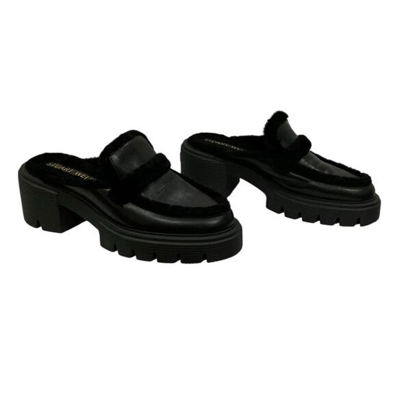 Stuart Weitzman Soho Chill Suede Shearling Loafer Mule Black 9.5B Platform - Picture 3 of 12